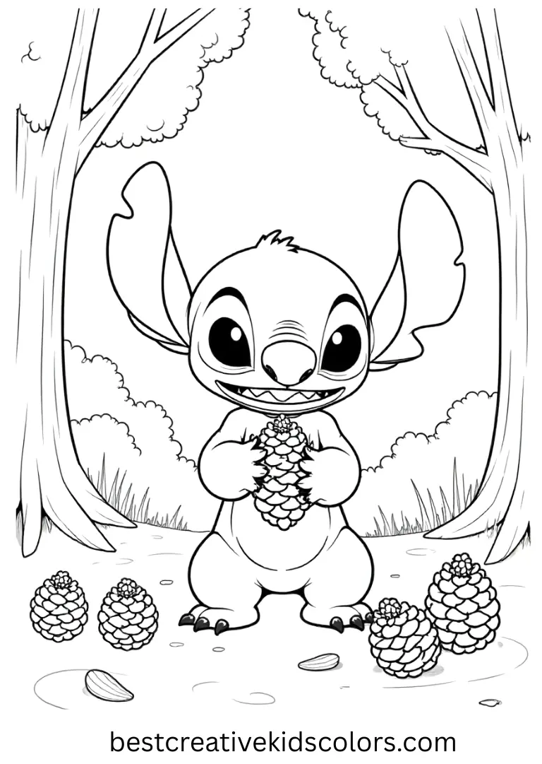 Stitch gathers pinecones in a forest during a crisp autumn afternoon.