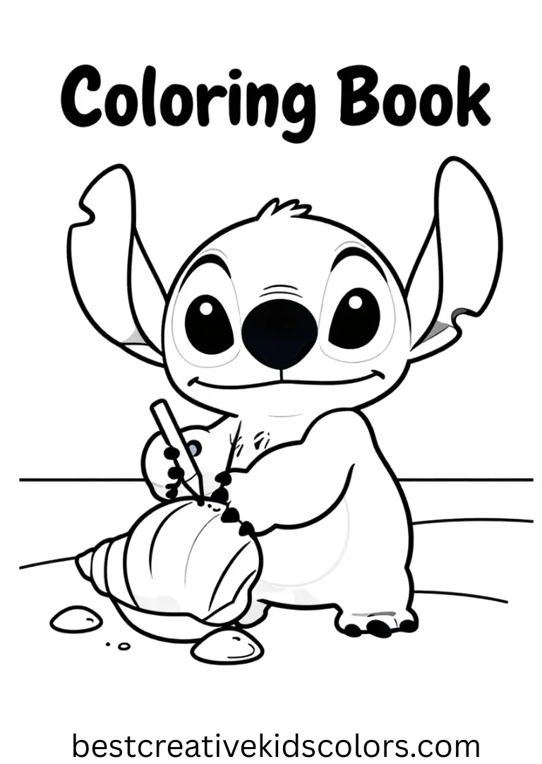 Stitch Coloring Book captures Stitch painting colorful seashells on the shore.