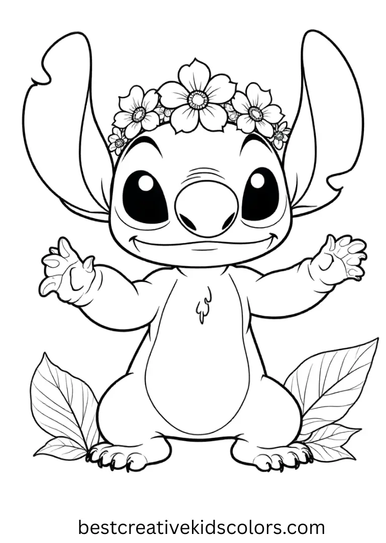 Stitch weaves tropical flowers into a beautiful crown.