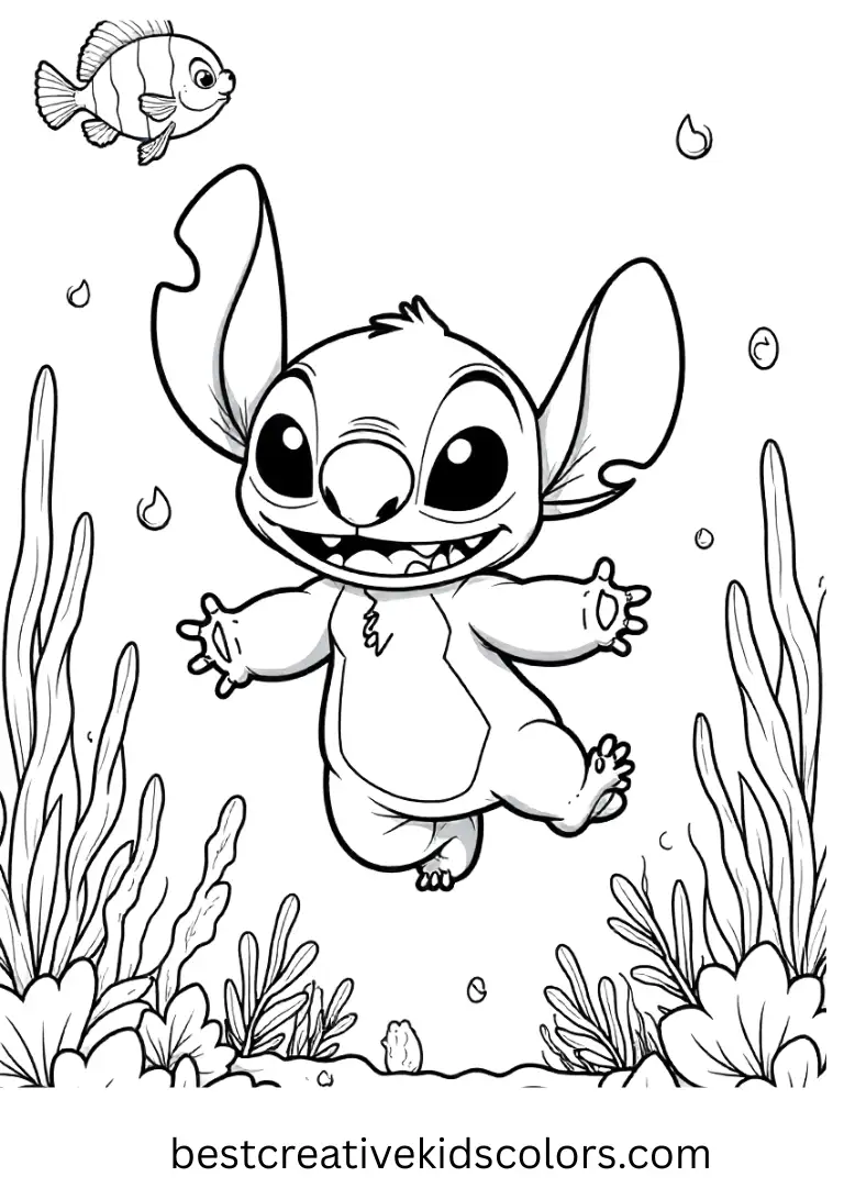 Stitch swims among tropical fish and coral in a bright underwater lagoon.