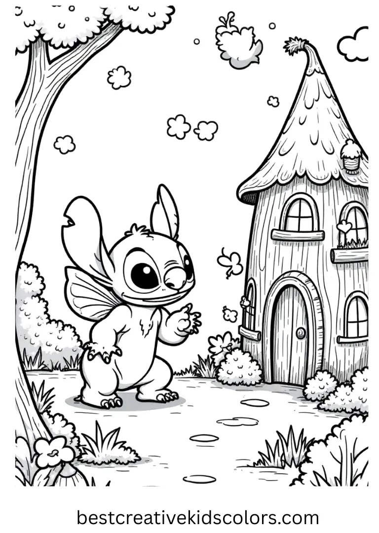 Stitch peeks into a tiny fairy village filled with glowing lanterns and magical creatures.