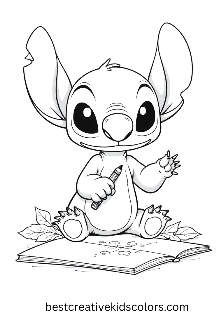 Stitch sits with a pencil and sketchbook, creating fun doodles.