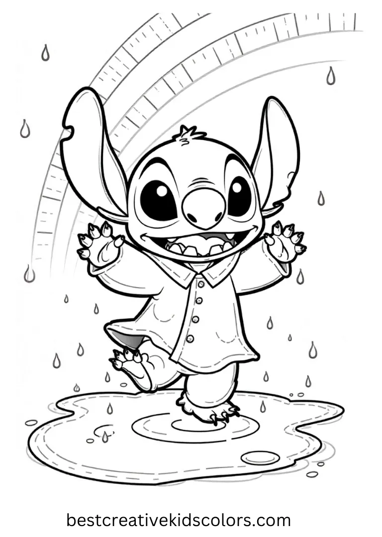 Stitch jumps happily in puddles under a rainbow, wearing a bright raincoat.