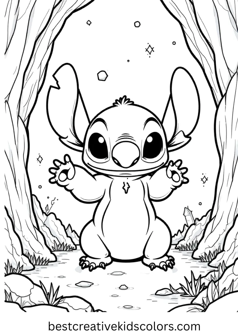 Stitch marvels at glittering crystals inside a mysterious glowing cave.