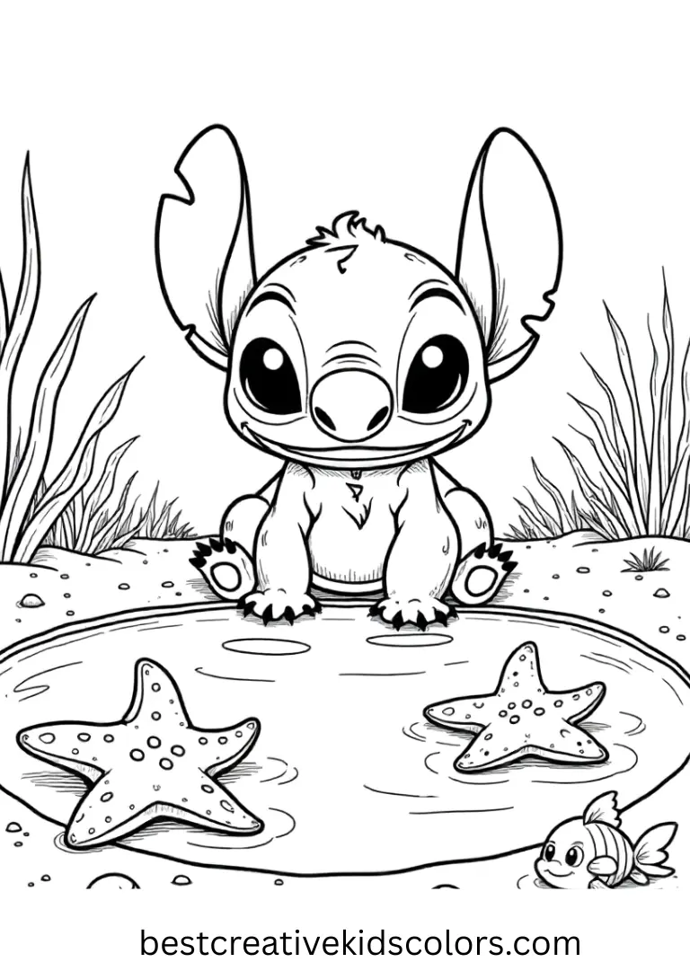 Stitch Exploring a Hidden Tide Pool Coloring Page