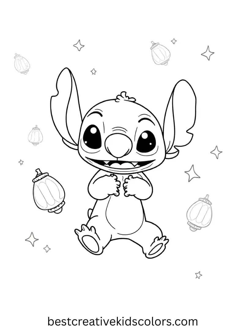 Stitch Floating with Glowing Lanterns Coloring Page