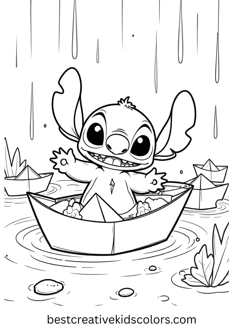 Stitch Flying Paper Boats in Rain Coloring Sheet
