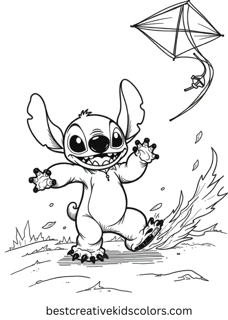 Stitch runs along golden sand, flying a bright, breezy kite.
