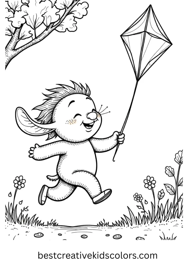 Stitch runs through a golden park flying a vibrant kite under clear skies.