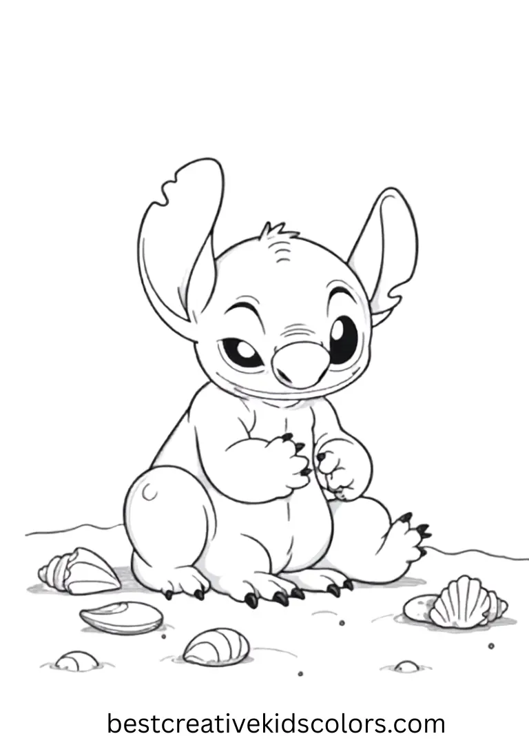 Stitch Gathering Seashell Treasures Coloring Sheet