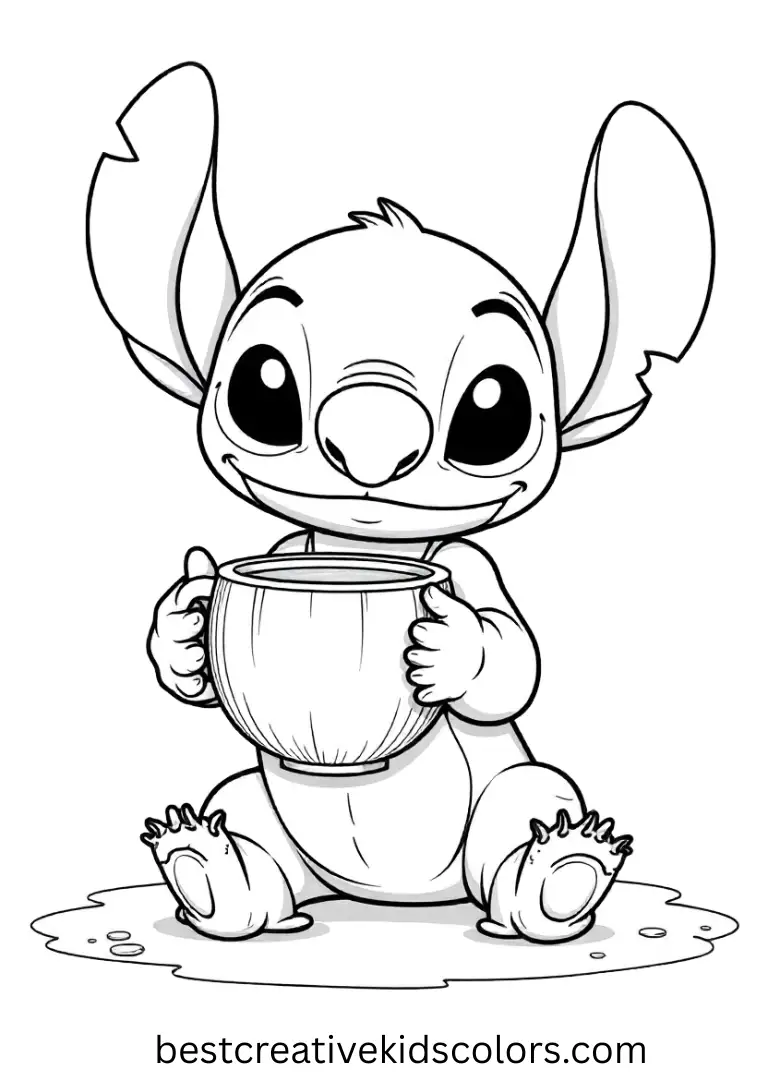 Stitch sips tea from coconut shells with tiny island friends nearby.