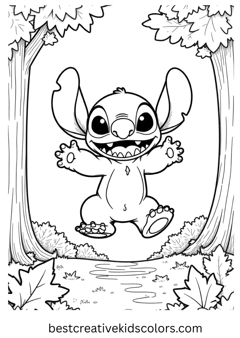 Stitch leaps joyfully into piles of colorful fall leaves in this cute Stitch coloring sheet.