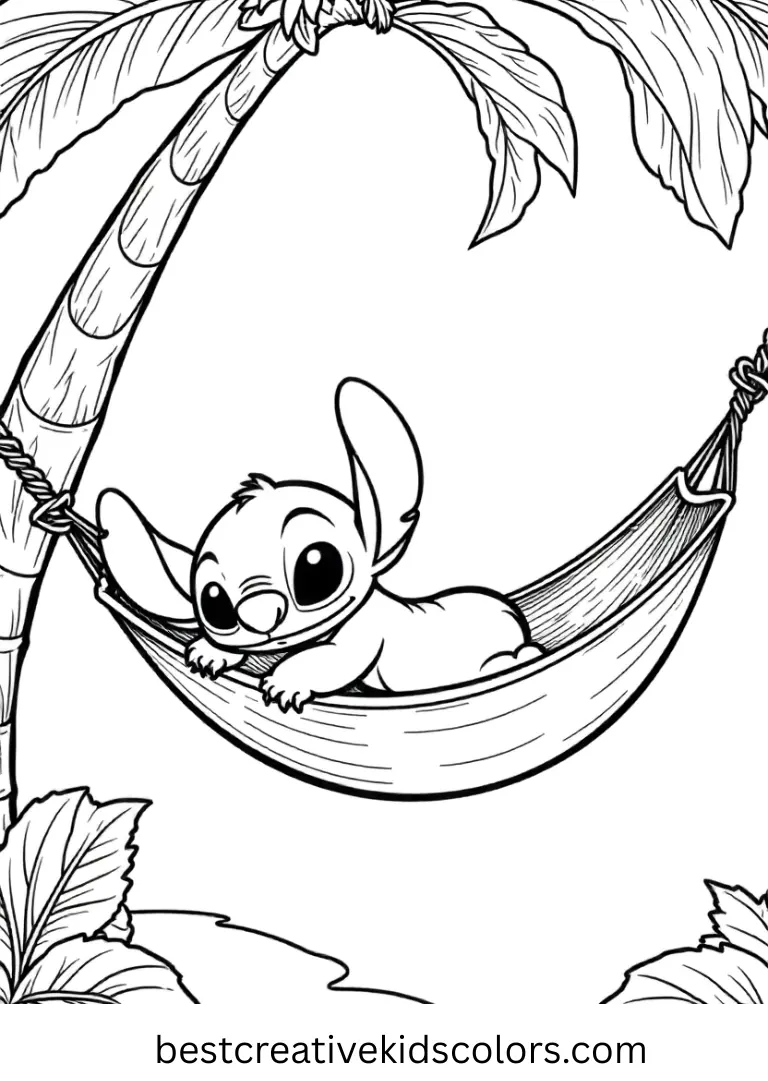 Stitch Lounging in a Coconut Leaf Hammock Coloring Page