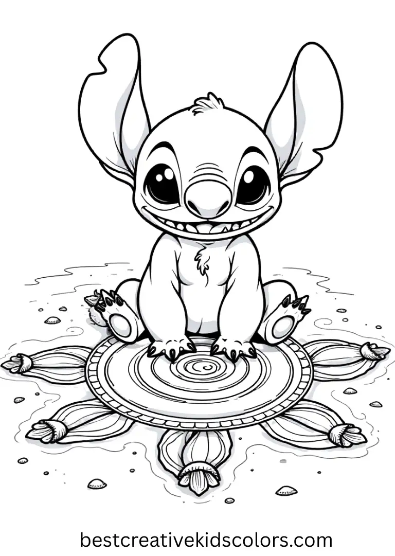 Stitch shapes a giant sun design in the sand with seashells and flowers.
