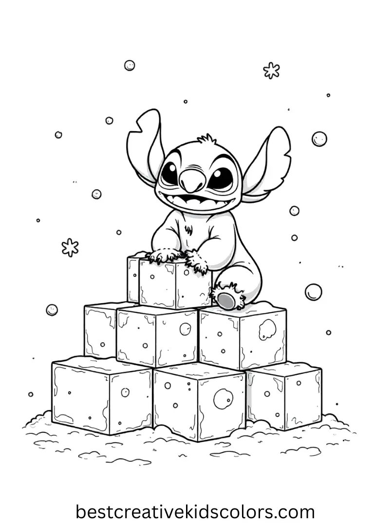 Stitch builds a playful snow fort under sparkling snowflakes, perfect for baby Stitch coloring pages.