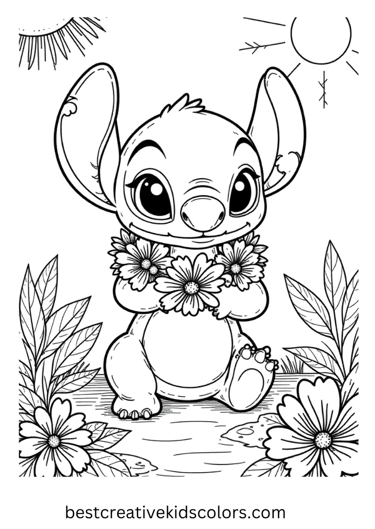 Stitch weaves bright flowers into a colorful lei under the warm sun.