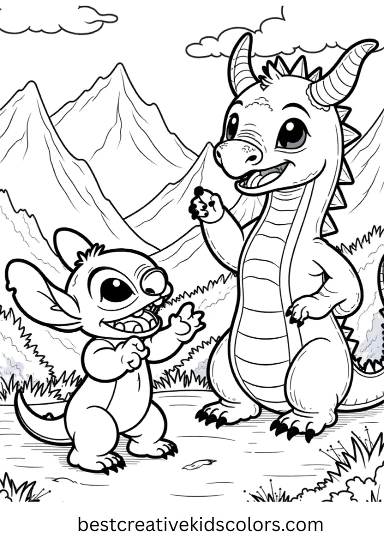 Stitch waves at a colorful dragon in a mystical mountain valley — a fun Stitch activity page for kids.