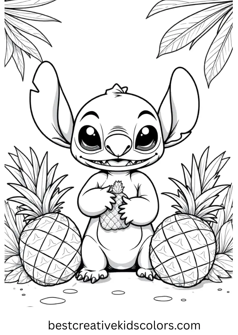 Stitch gathers bright pineapples and coconuts in a sunny tropical grove.