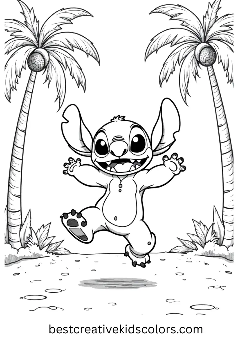 Stitch jumps high to hit a colorful volleyball under swaying palm trees.