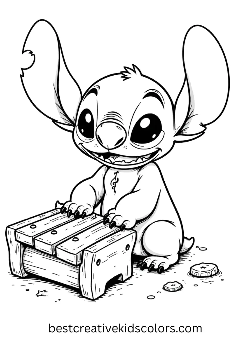 Stitch taps happy tunes on a bright wooden xylophone.