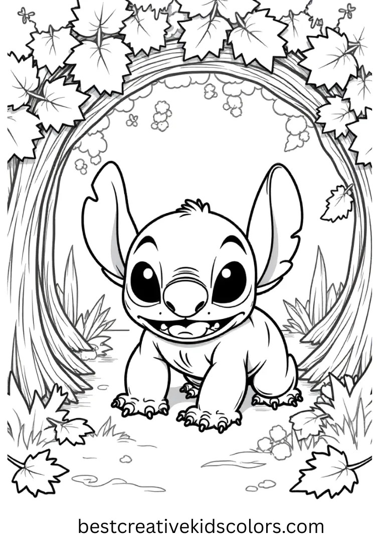 Stitch crawls happily through a tunnel made of colorful autumn leaves.