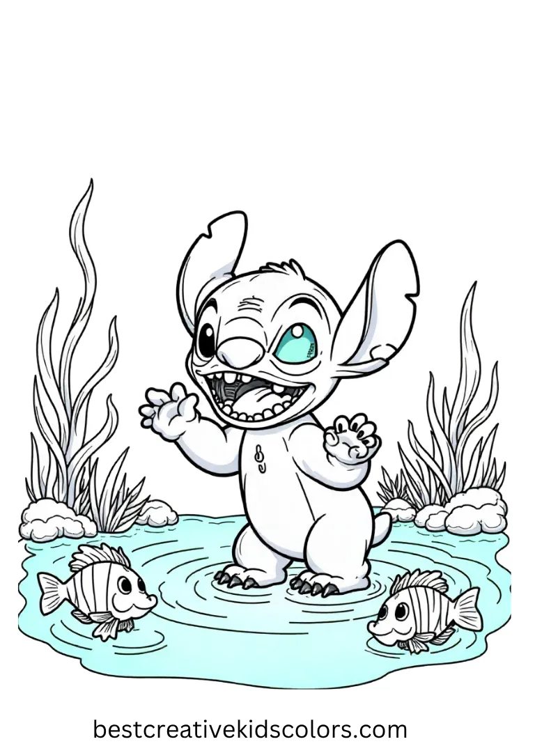 Stitch giggles as colorful fish swim playfully around him in shallow turquoise water.
