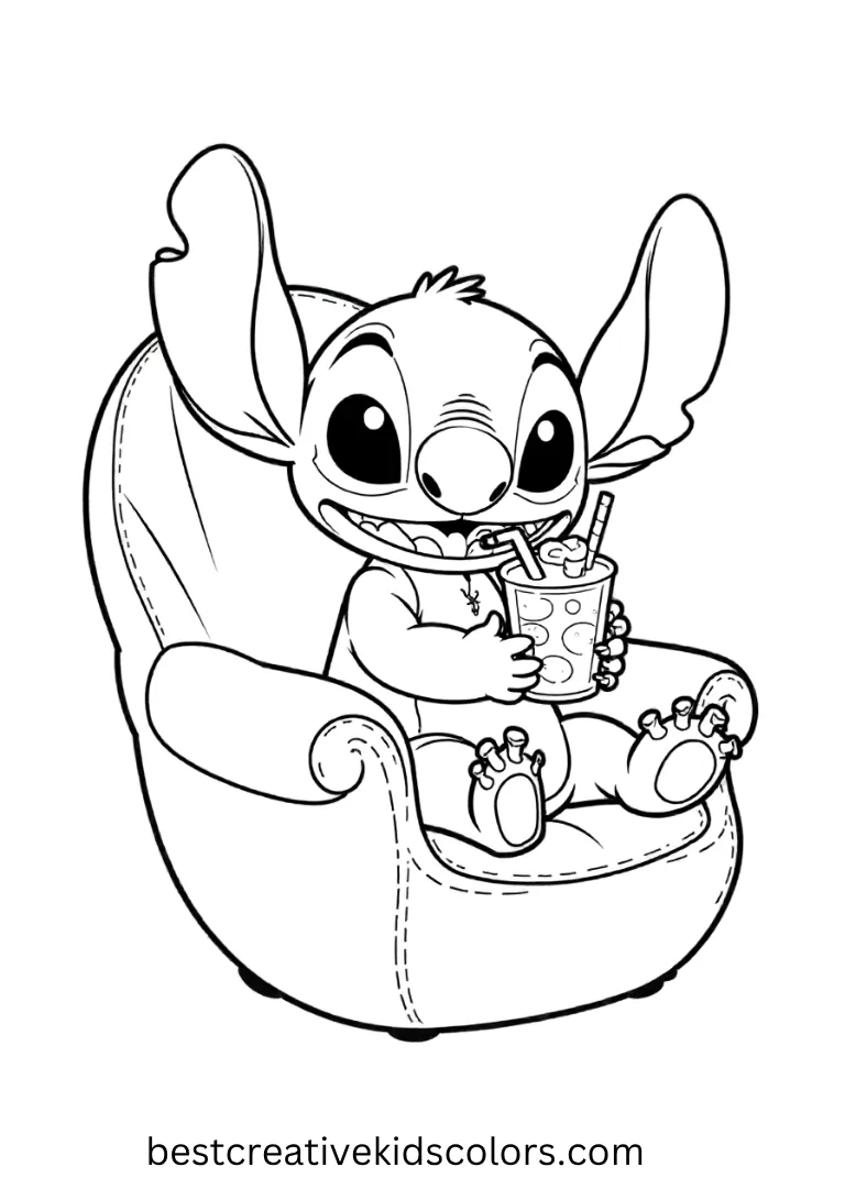 Stitch sits comfortably in a giant seashell chair, sipping a fruity drink with a straw.