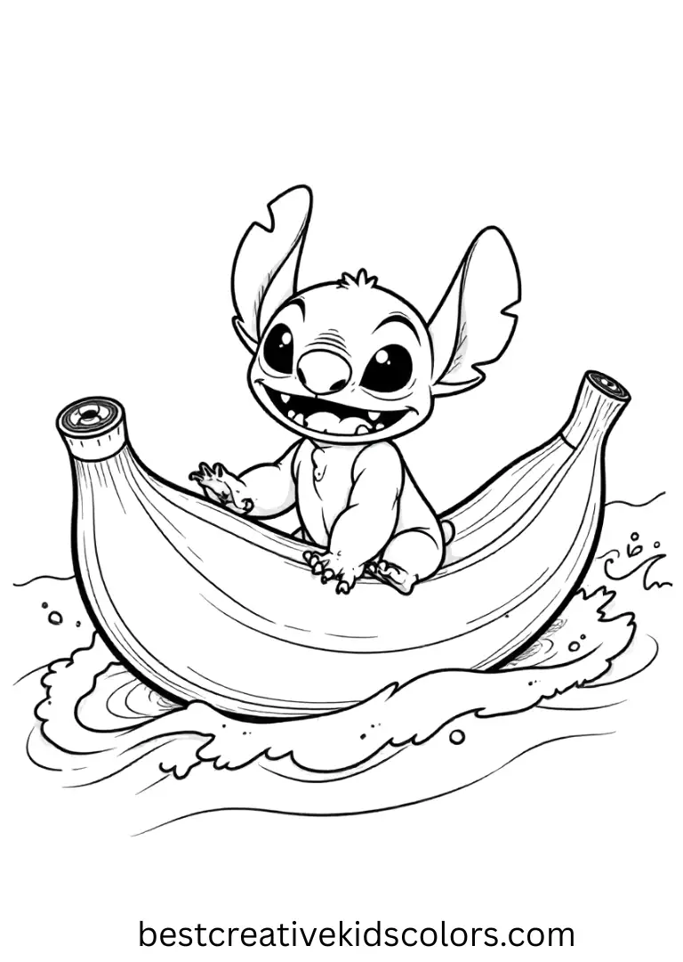 Stitch holds on tight while gliding across sparkling blue waves.