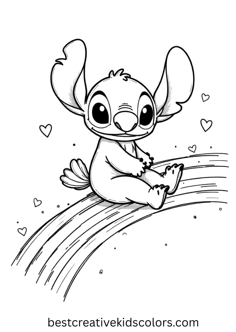 Excited Stitch flies through fluffy clouds atop a bright rainbow-colored bird.