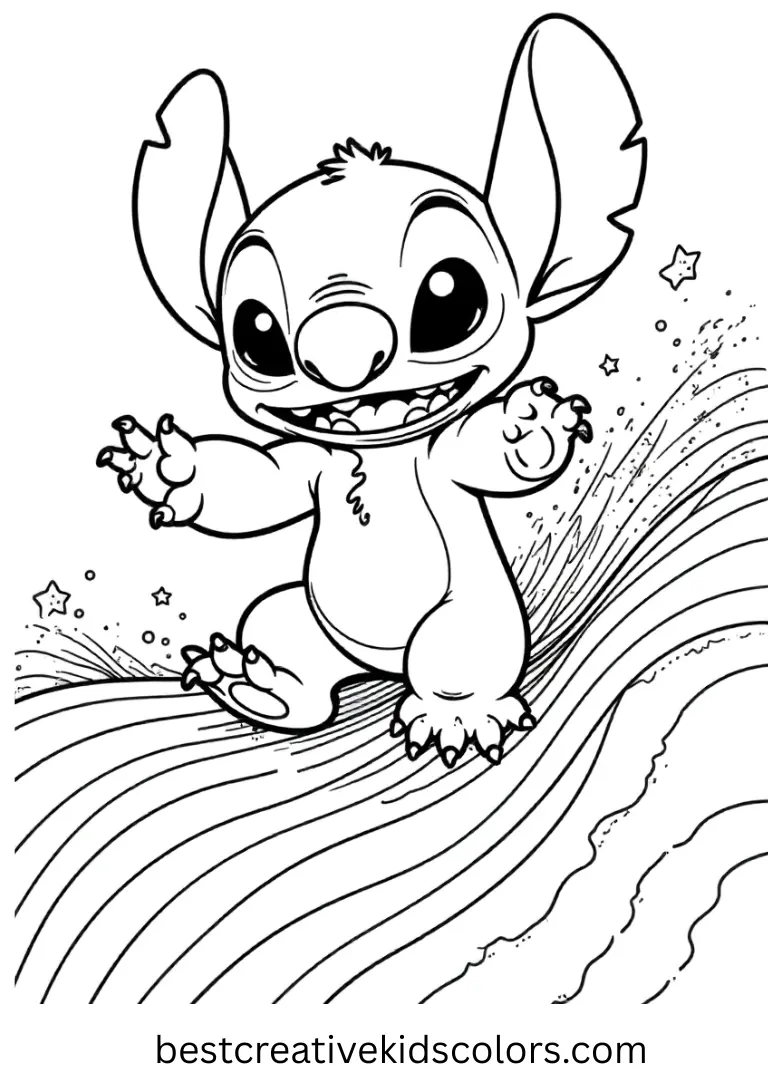 Stitch balances on a vibrant rainbow-colored wave, giggling as spray sparkles around him.