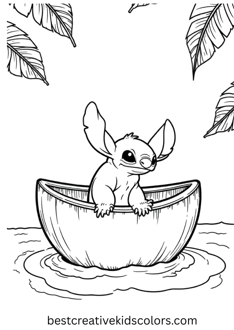 Stitch steers a bright coconut shell boat across calm tropical waters.