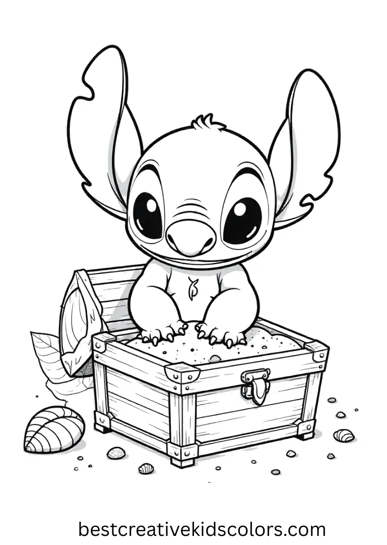 Stitch shapes a sand treasure chest with tiny tropical shells around.