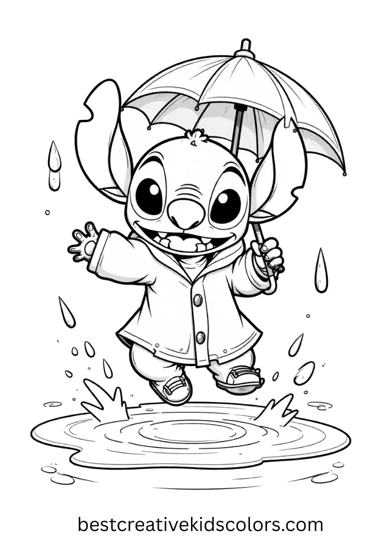 Stitch jumps in shiny puddles wearing a bright raincoat and holding an umbrella.