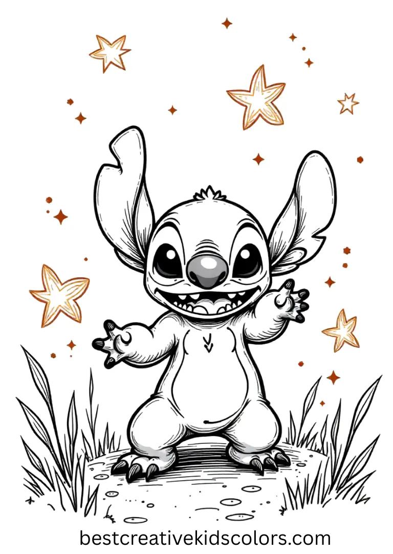 Stitch twirls joyfully under sparkling glowflies lighting up a warm evening.