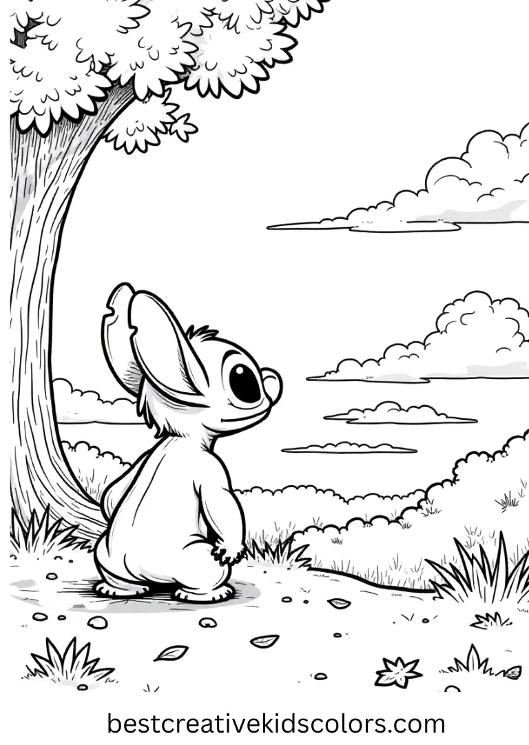 Stitch admires a sky painted in orange and pink hues as leaves drift down.