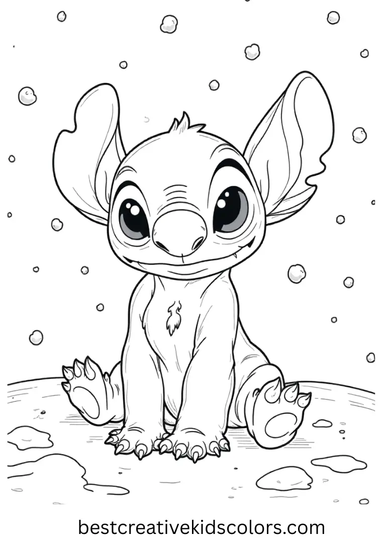Stitch gazes up as snow gently drifts around him in a winter wonderland.