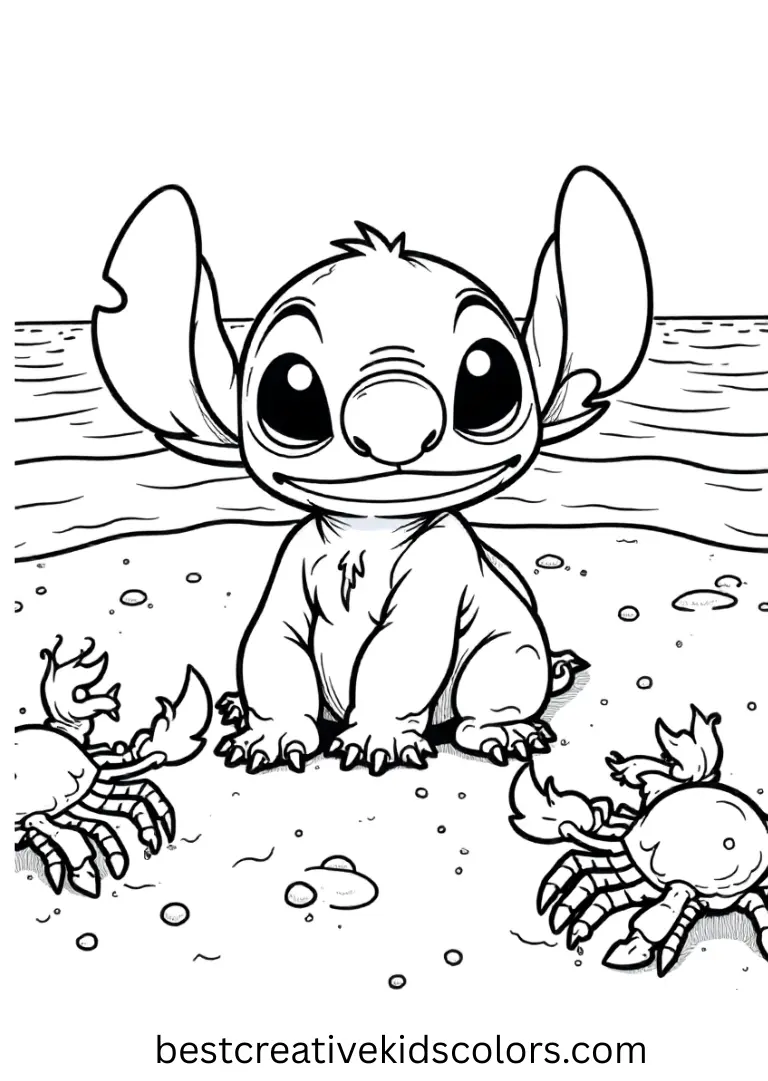 Stitch Watching Tiny Crabs on the Sand Printable