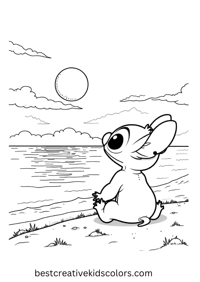 Stitch Watching a Sunset Over the Ocean