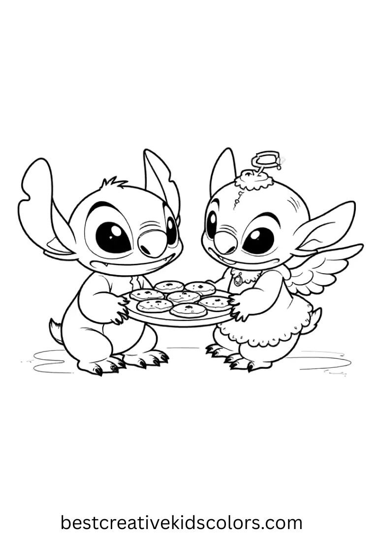 Stitch and Angel Christmas coloring pages show them baking holiday cookies together.