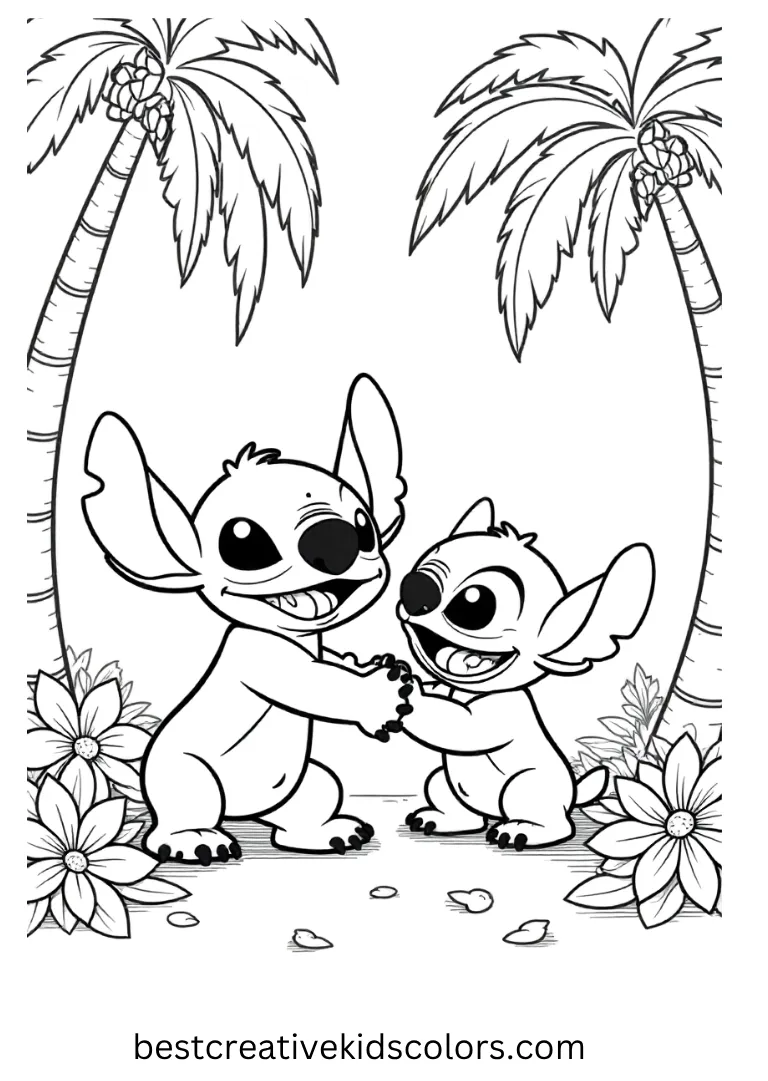 Stitch giggles as Baby Stitch hides behind a cluster of palm trees and flowers.