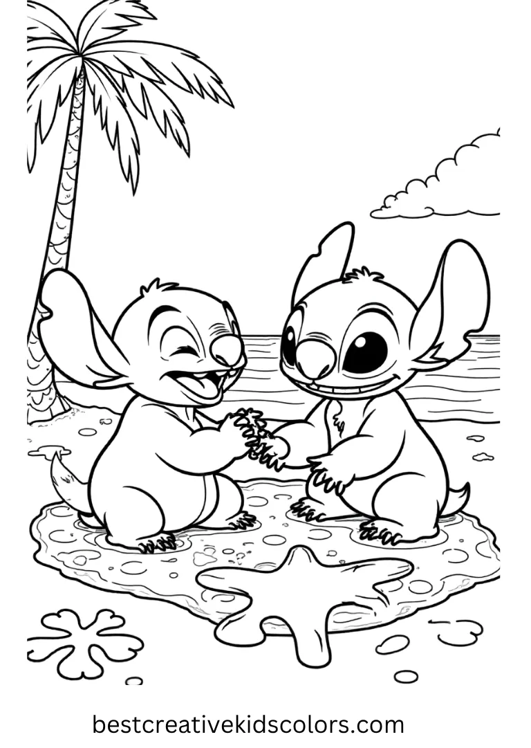 Stitch and Lilo paint a giant mural on the sand filled with tropical colors and shapes.