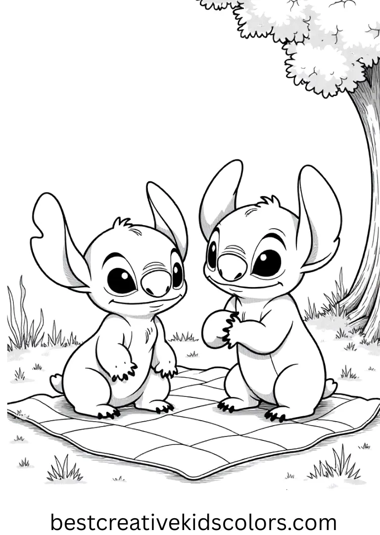 Stitch and Scrump coloring pages shows them having a fun picnic together.