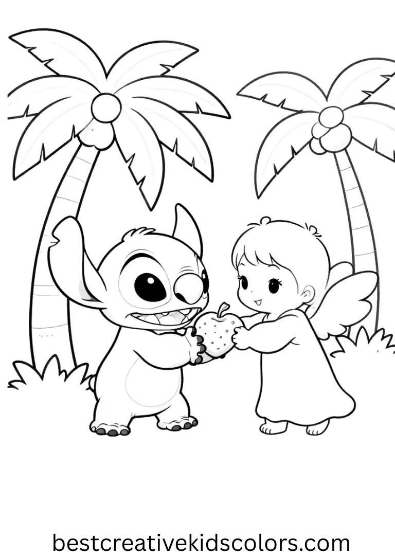 Stitch and angel coloring pages easy shows them picking tropical fruits under palm trees.