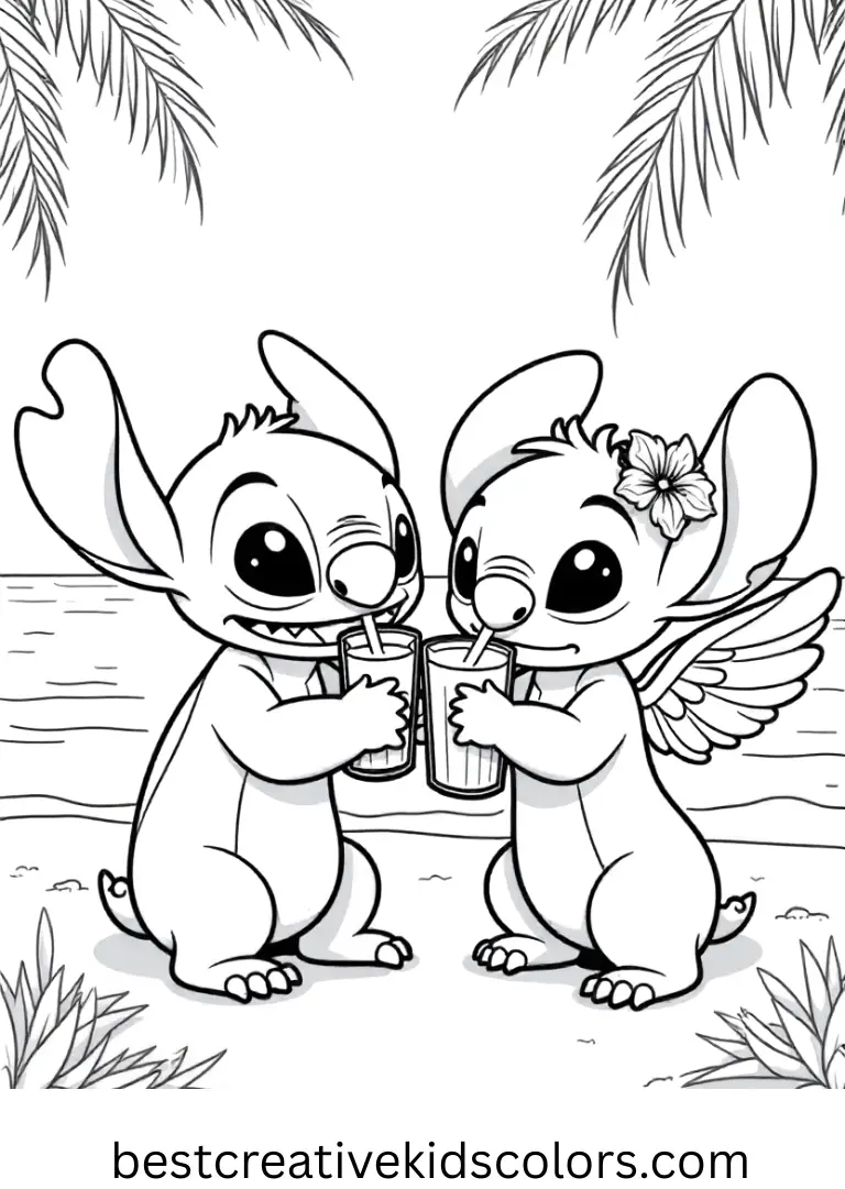 Stitch and angel coloring pages for adults shows them sipping tropical drinks by the shore.