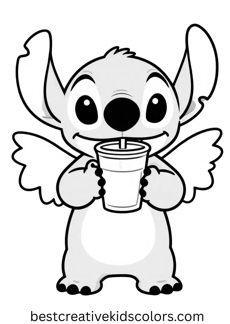 Stitch and angel coloring pages pdf for adults shows them sipping cocoa under twinkling lights.