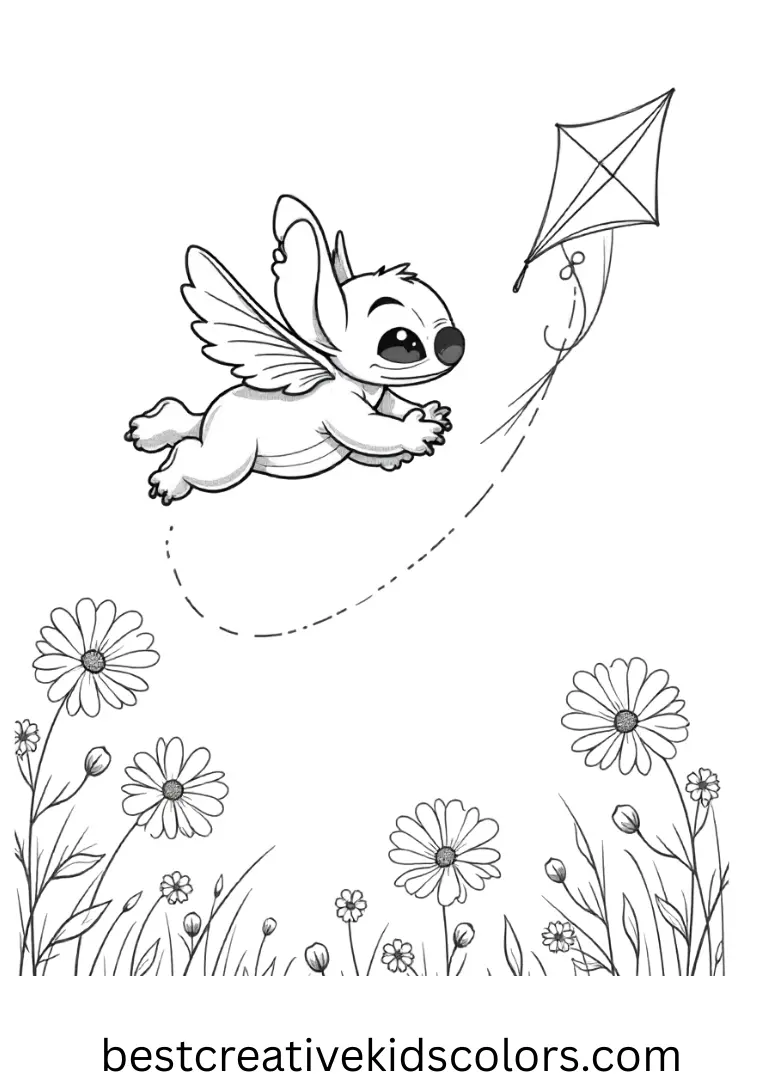Stitch and angel coloring pages pdf free features them flying kites in a sunny meadow.