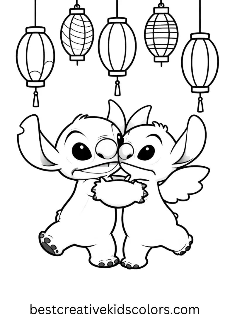 Stitch and angel coloring pages printable disney shows them dancing under tropical lanterns.