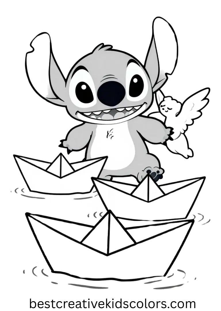 Stitch and angel coloring pages printable free features them riding paper boats in a lagoon.