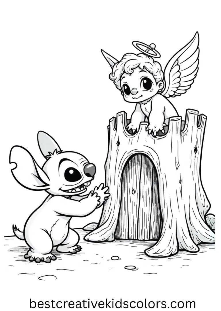 Stitch and angel coloring pages printable pdf free download shows them making sand angels.