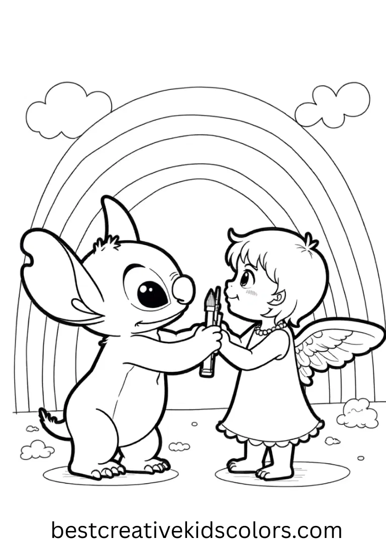 Stitch and angel coloring pages printable pdf captures them painting a bright rainbow mural.